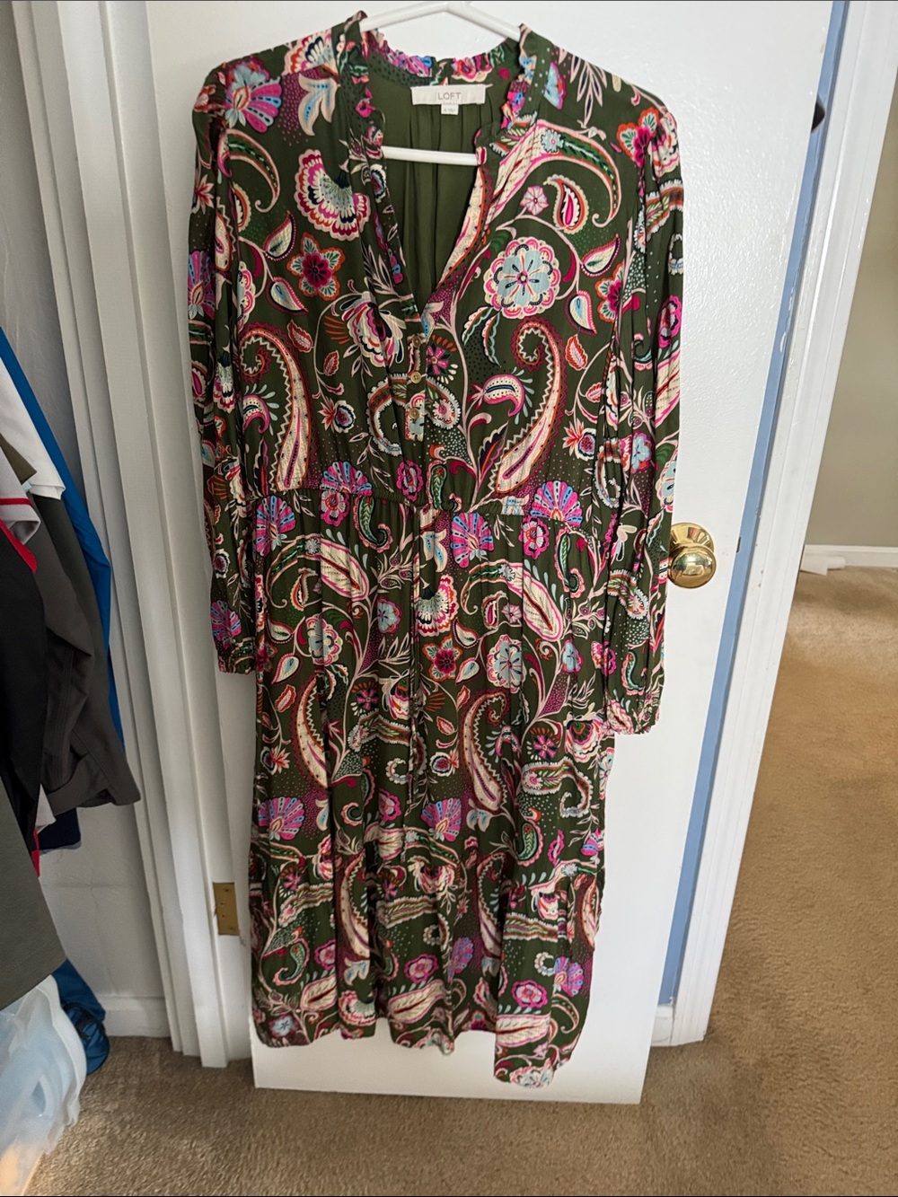LOFT Olive Green Paisley Tiered Midi Dress with Pink Accents